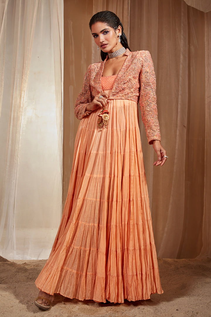 Peach Crinkled Anarkali Set