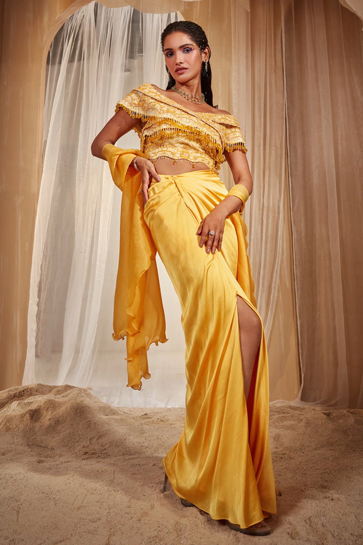 Yellow Draped Saree Set