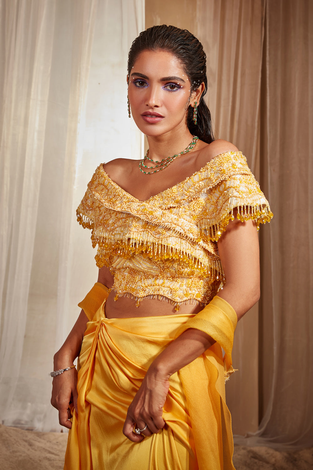 Yellow Draped Saree Set