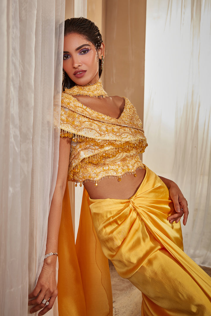 Yellow Draped Saree Set