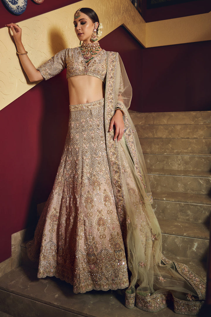 Peach And Green Lehenga Set