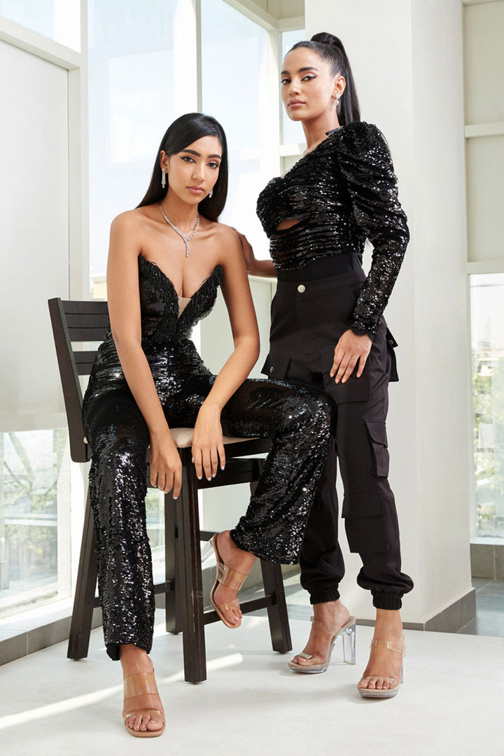 Divya Kapoor In Our Black One Shoulder Sequin Bodysuit And Pant Set