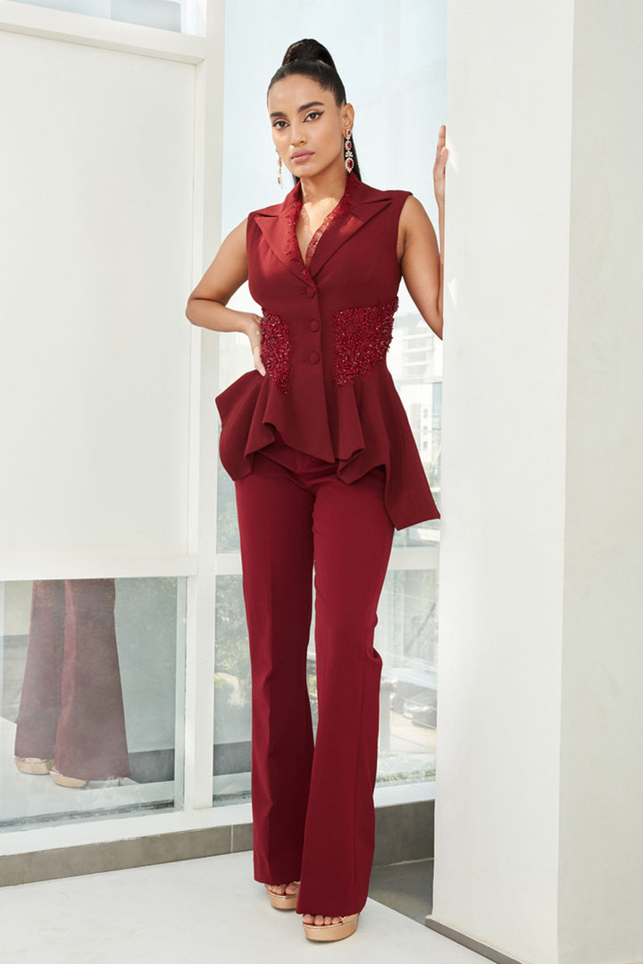 Maroon Embellished Peplum Blazer Suit