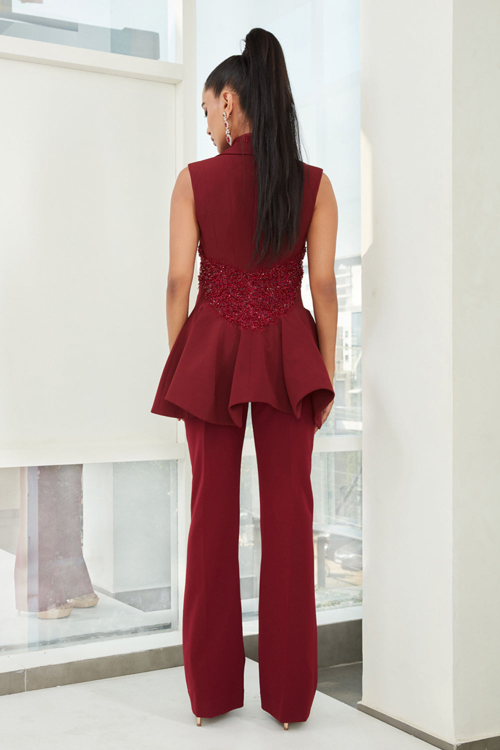 Maroon Embellished Peplum Blazer Suit