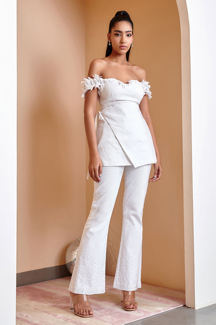 White Off-Shoulder Wrap Top And Pants Set