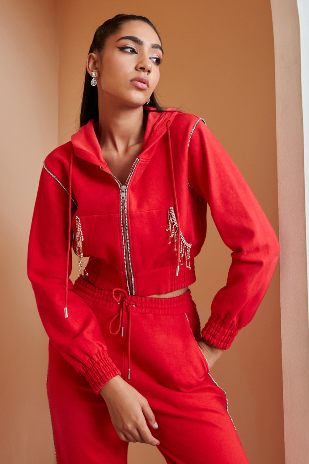 Red Embellished Tracksuit