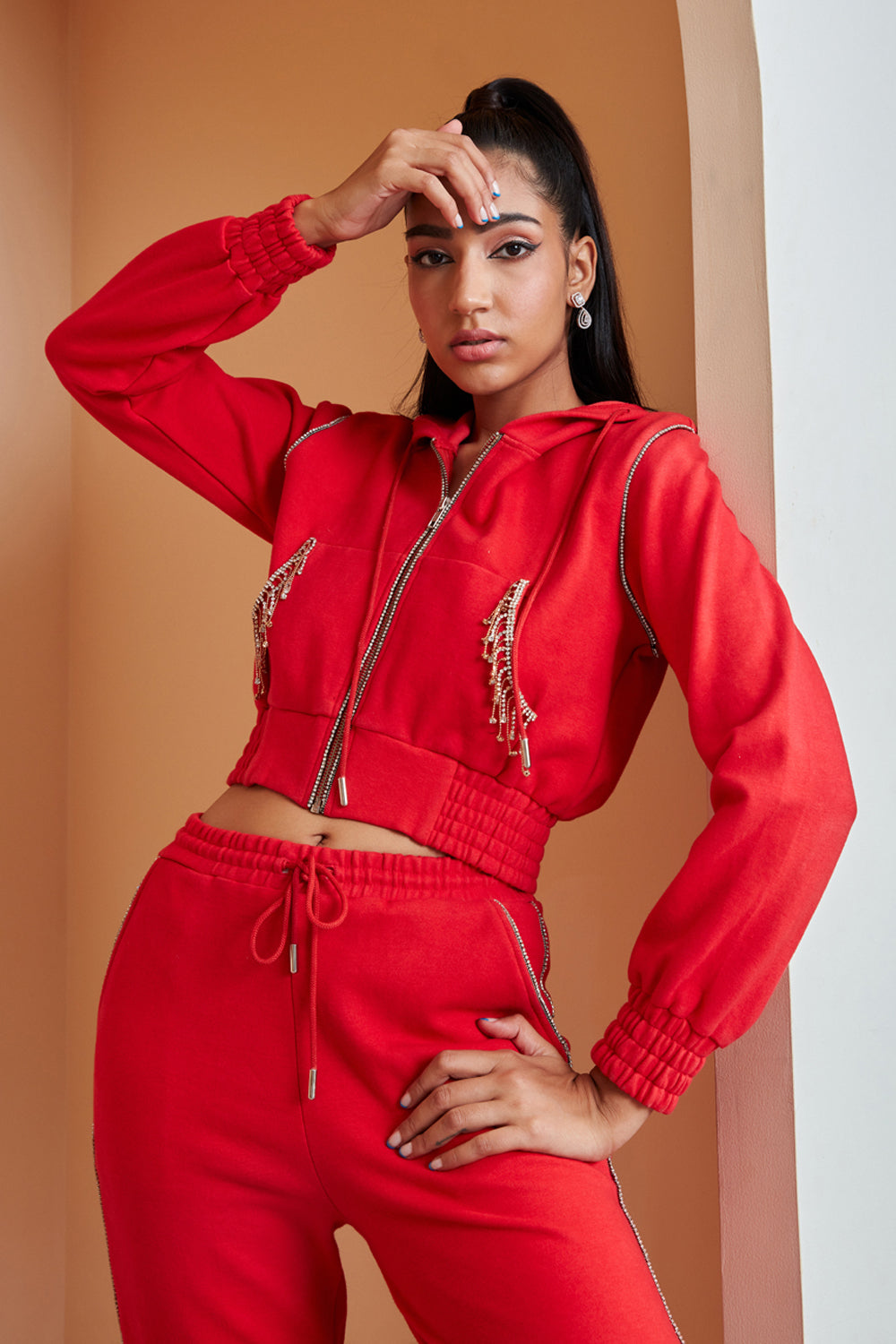 Red Embellished Tracksuit