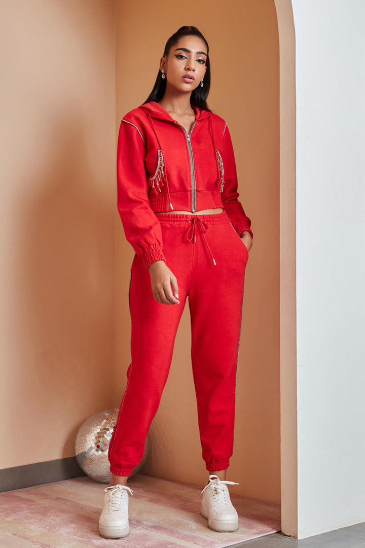 Red Embellished Tracksuit