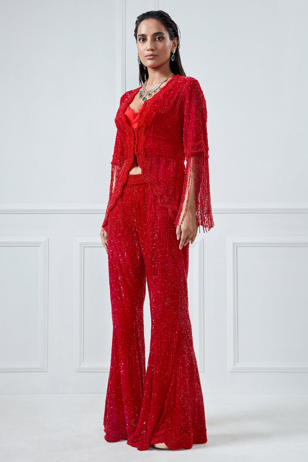 Red Embroidered Jacket And Pant Set