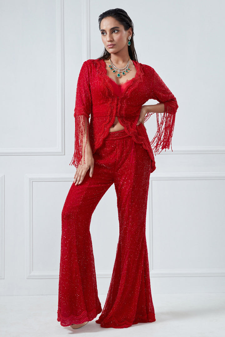 Red Embroidered Jacket And Pant Set