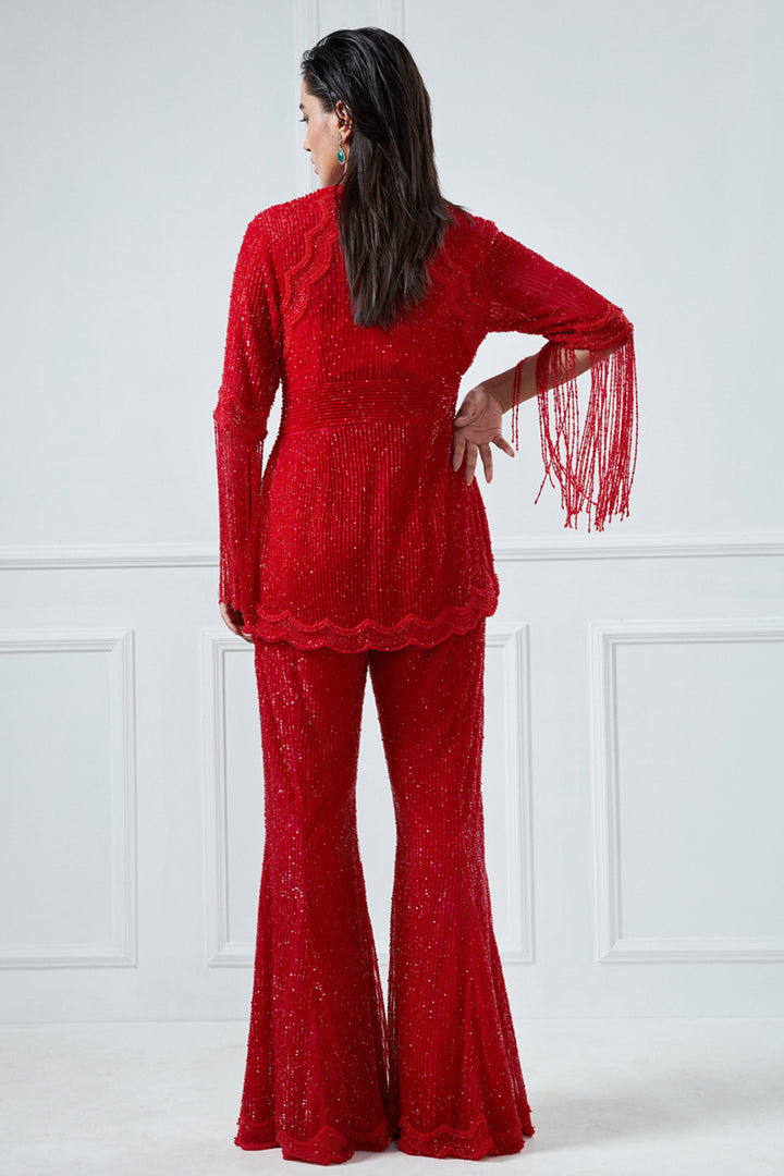 Red Embroidered Jacket And Pant Set