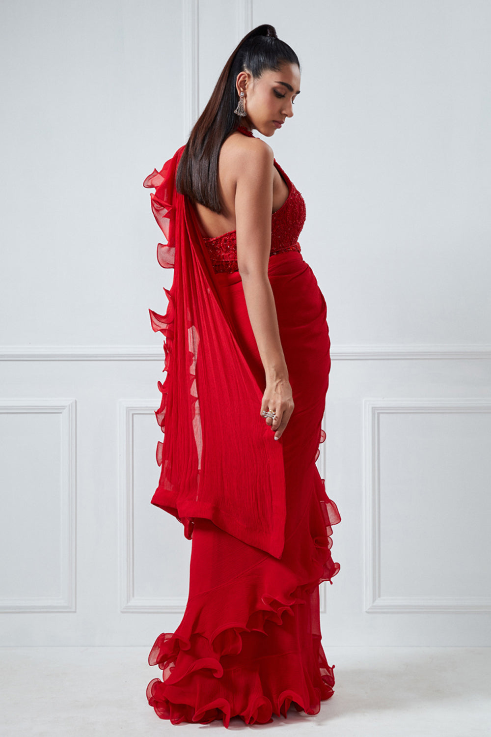 Red Ruffle Saree Red Embroidered Ruffle Saree Set – House Of Exotique