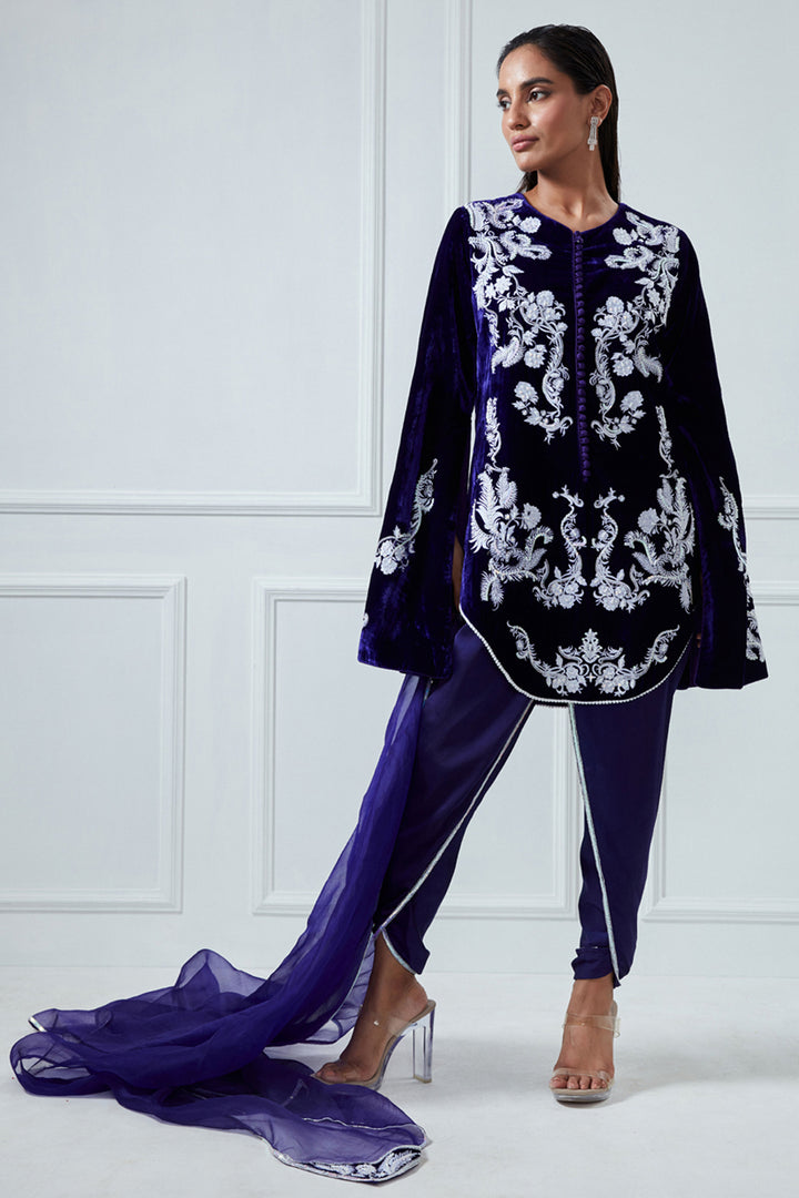 Purple Embroidered Top And Lungi Set