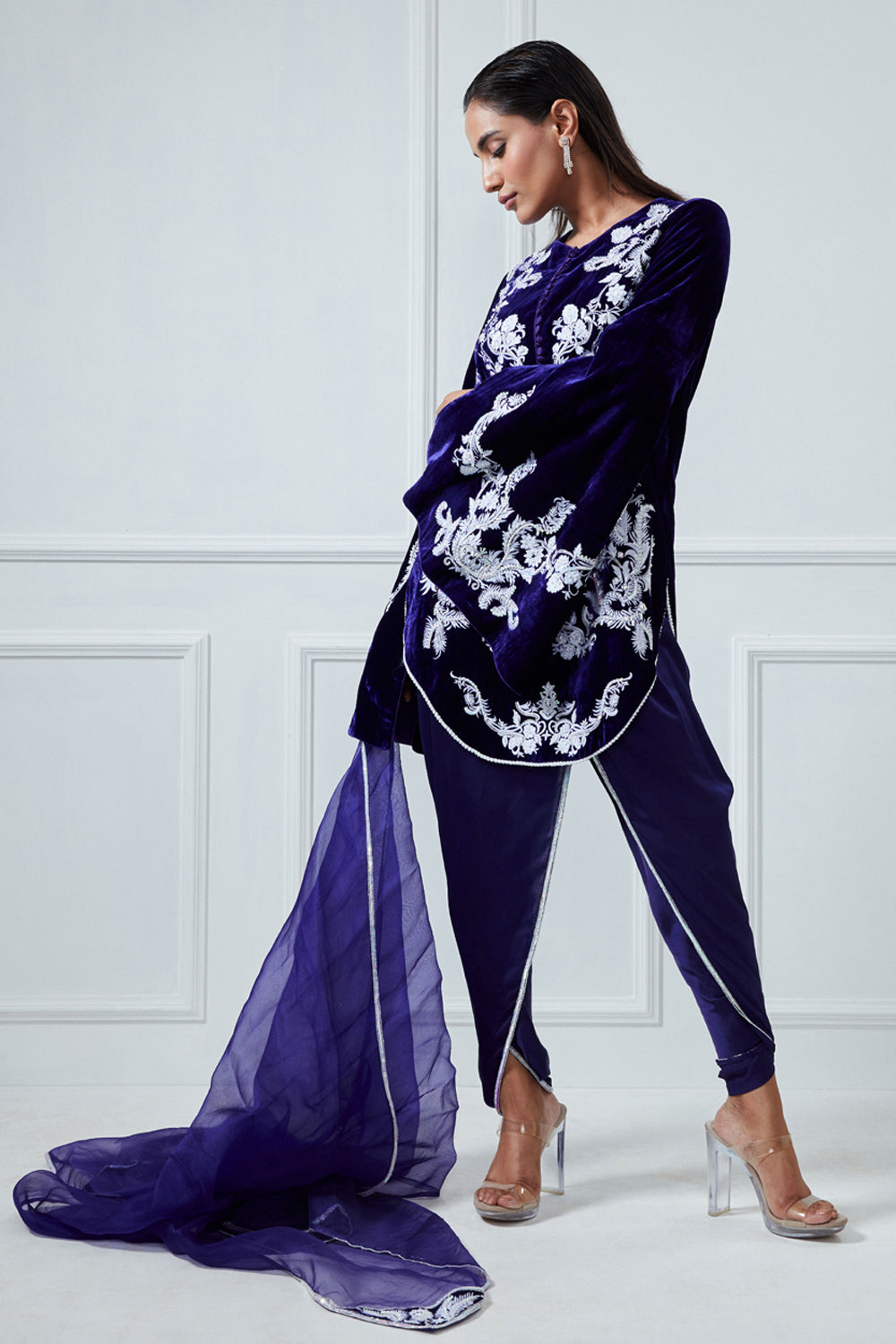 Purple Embroidered Top And Lungi Set