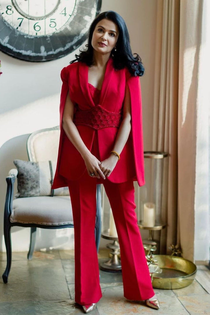 Divya Kapoor In Our Red Cape Blazer Suit