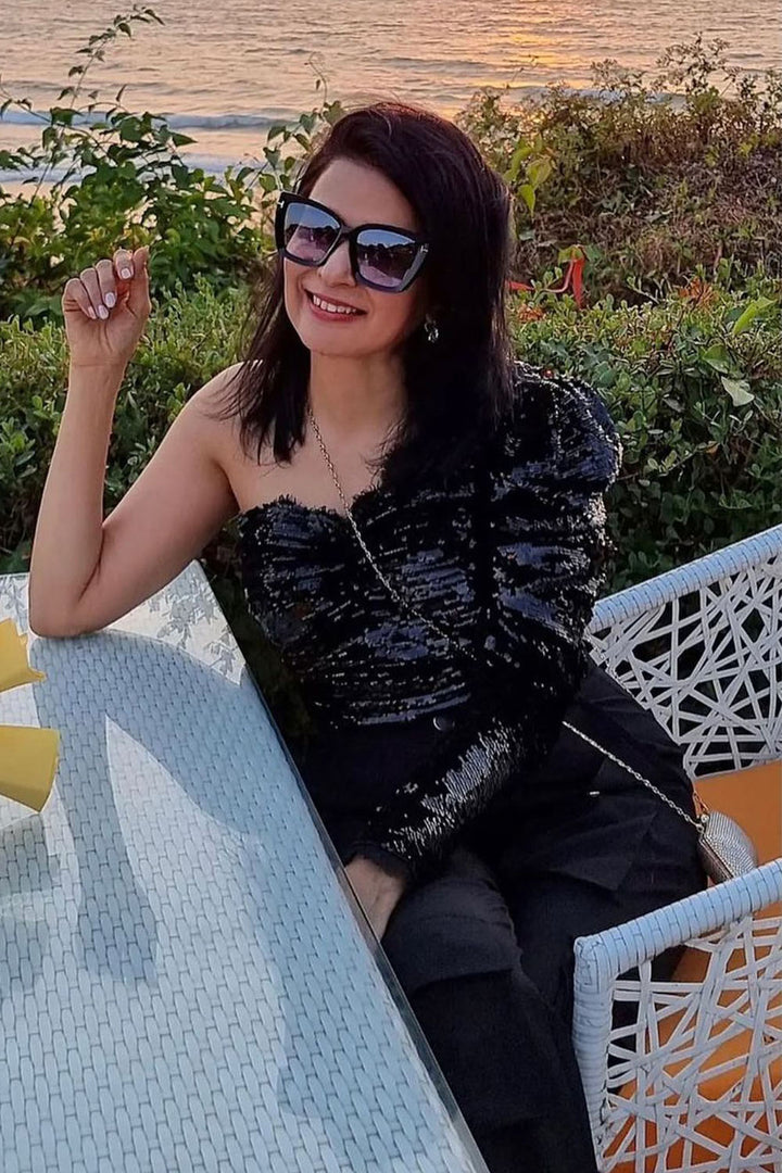 Divya Kapoor In Our Black One Shoulder Sequin Bodysuit And Pant Set