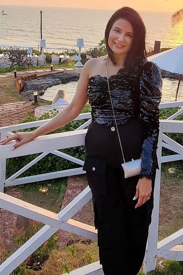 Divya Kapoor In Our Black One Shoulder Sequin Bodysuit And Pant Set