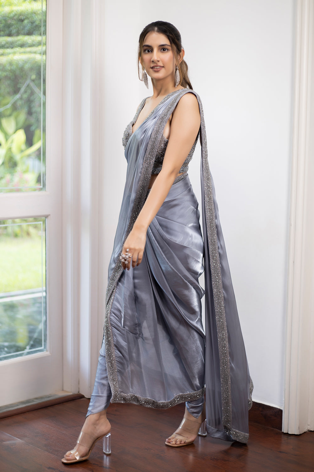 Grey Lungi Saree Set