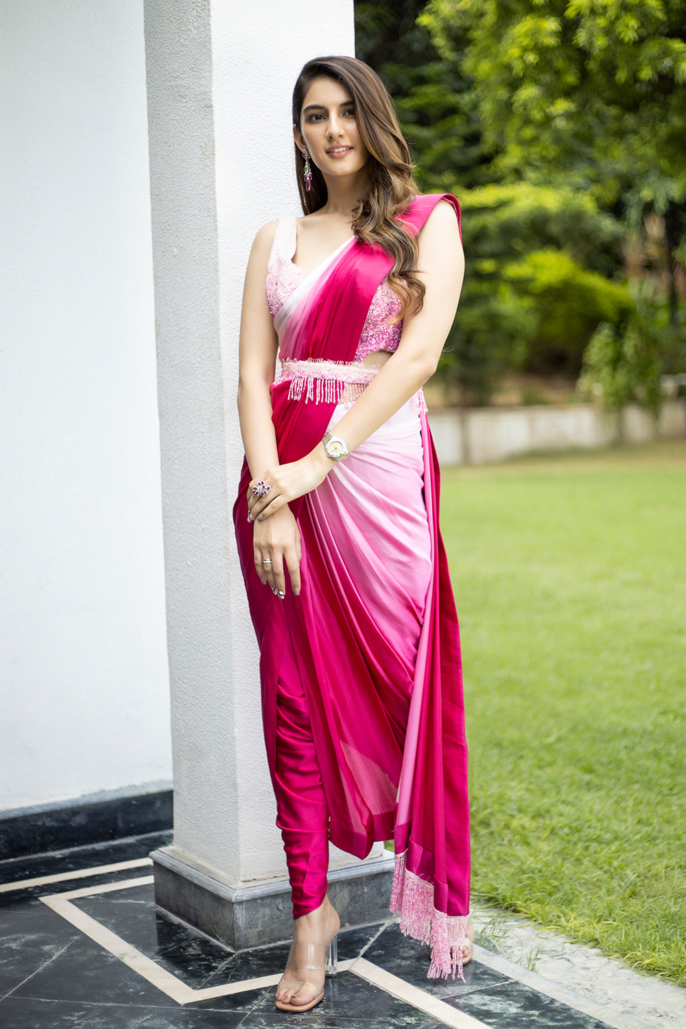 Pink Ombre Lungi Saree Set